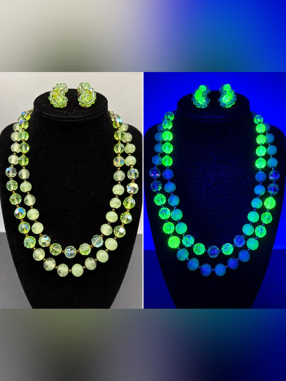 Vintage Green Crystal Beaded Necklace & Earrings UV Reactive Set